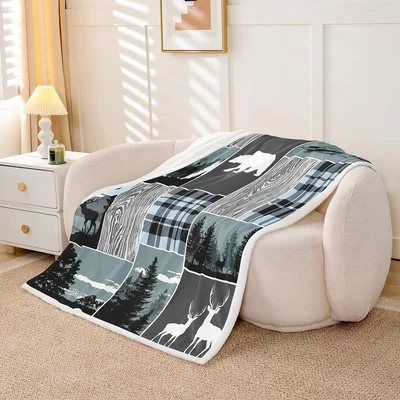 Plaid Bear Cabin Lodge Blanket: Rustic Wildlife Patchwork Design