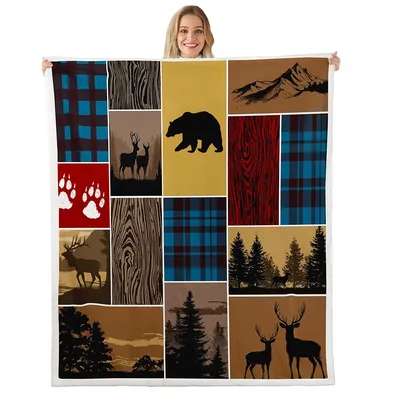 Rustic Bear Deer Patchwork Blanket: Cabin Life Quilt Design