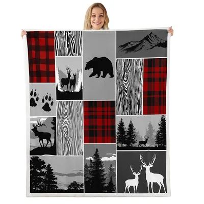 Rustic Deer Bear Patchwork Blanket: Wild Animal Silhouette Design