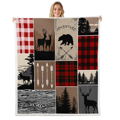 Rustic Deer Bear Adventure Patchwork Blanket for Cabin Life
