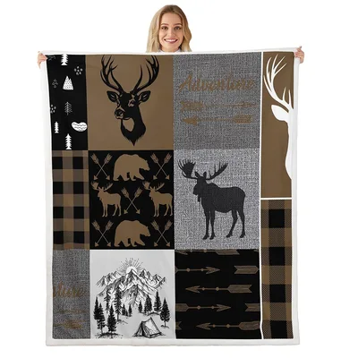 Rustic Moose Deer Adventure Blanket featuring patchwork wildlife