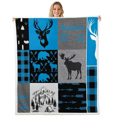 Rustic Deer Moose Patchwork Blanket for Cabin and Camp
