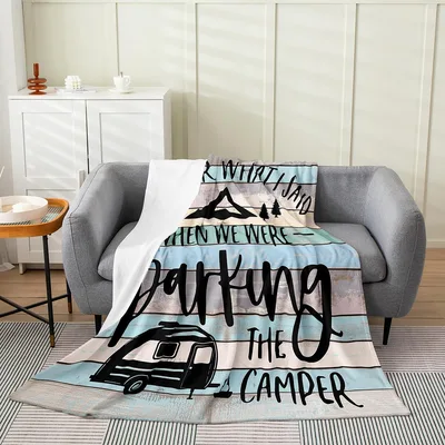 Happy Camper Camping Trailer Blanket featuring a funny quote