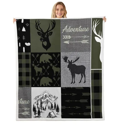Rustic Deer Moose Adventure Patchwork Blanket for Cabin Lovers