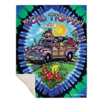 Road Trippin Tie Dye Blanket: Hippy Van with Skeletons and Mushrooms