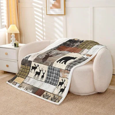 Retro Rustic Cabin Bear Blanket: Wildlife Patchwork Design