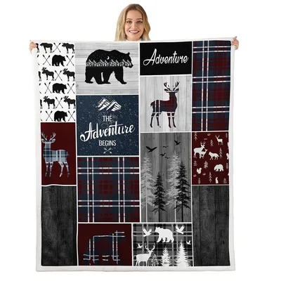Rustic Cabin Bear Deer Blanket featuring patchwork wildlife