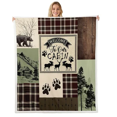 Welcome to Our Cabin Blanket: Rustic Patchwork with Wildlife and Plaid