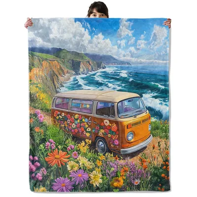 Hippie Camper Van Blanket: Floral Coastal Scene on Fleece and Sherpa