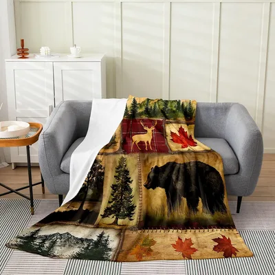 Rustic Bear Deer Lodge Pattern Blanket for Cabin Lovers