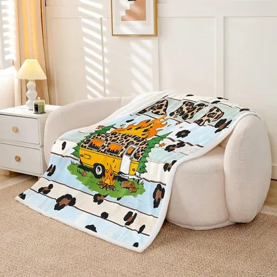 Vintage Camper Van Pattern Blanket: Leopard Print Camping Art