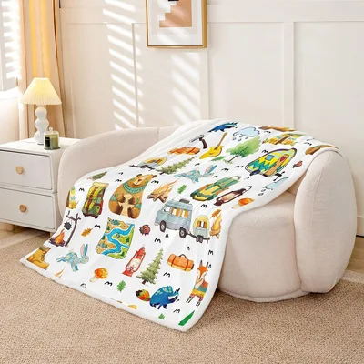 Cartoon Camper Vehicles Pattern Blanket features vintage