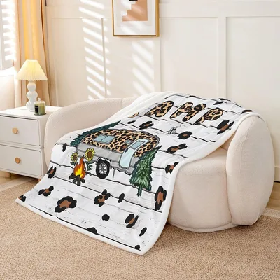 Happy Camping Van Pattern Blanket: Leopard Camper Design