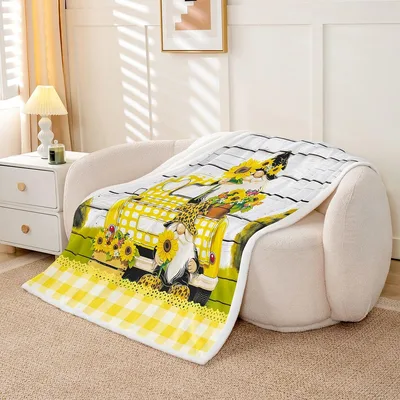 Yellow Plaid Sunflower Camping Blanket: Gnome and Truck Design