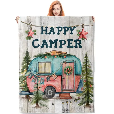 Happy Camper Vintage Trailer Blanket for Holiday Camping Lovers