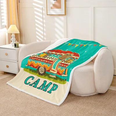 Teal Camper Van Camp Blanket featuring a retro trailer