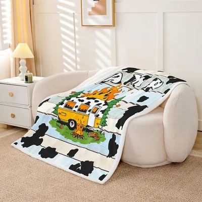 Cow Print Camper Van Blanket featuring a spotted yellow van