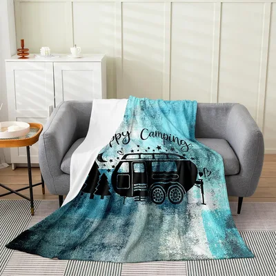 Happy Camping Vintage Bus Teal Blanket for Retro Travel Lovers