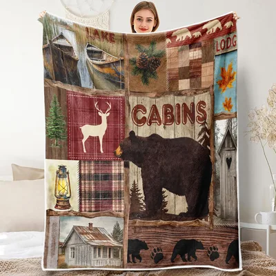Rustic Cabin Bear Blanket: Patchwork Design with Deer and Lake Scene