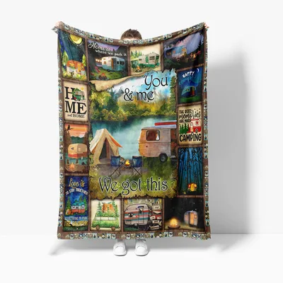 Happy Camper Camping Scenes Collage Blanket for Trail Lovers