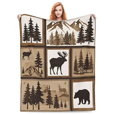 Rustic Cabin Forest Wildlife Blanket featuring a patchwork of bear