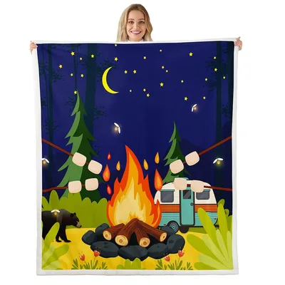 Campfire Under Starry Night Blanket features a retro camper