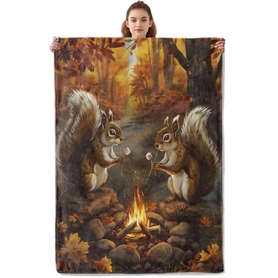 Squirrels Around Campfire Blanket: Autumn Forest Marshmallow Roast