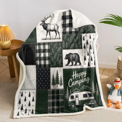 Happy Camping Woodland Patchwork Blanket for Outdoor Enthusiasts