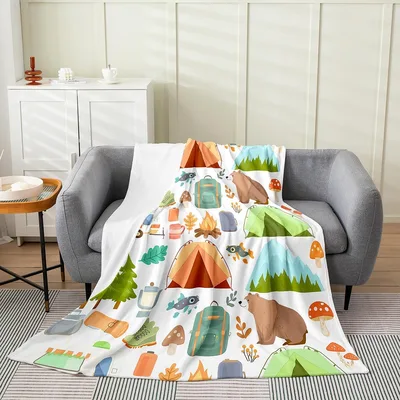 Cute Camper Car Camping Blanket: Woodland Bear and Tent Pattern