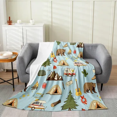 Bears and Camper Vans Blanket featuring retro campers bears