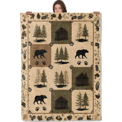 Rustic Bear Cabin Pattern Blanket: Lodge Style Throw for Campers