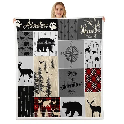 Retro Cabin Wildlife Patchwork Blanket: Bear Deer Plaid Design