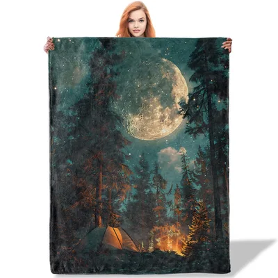 Moonlit Camping Night Scene Blanket Forest Adventure Design