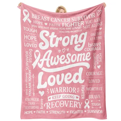 Strong Awesome Loved Survivor Blanket featuring bold white typography