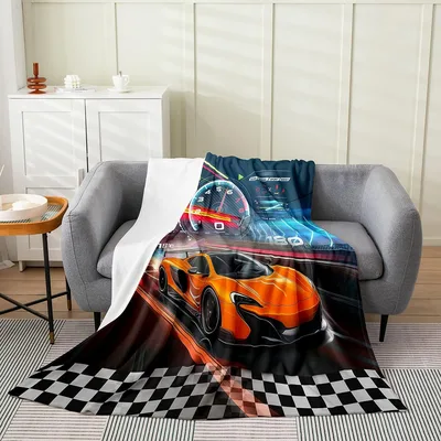 Racing Car Blanket with a Glowing Orange Supercar and Checkered Flag
