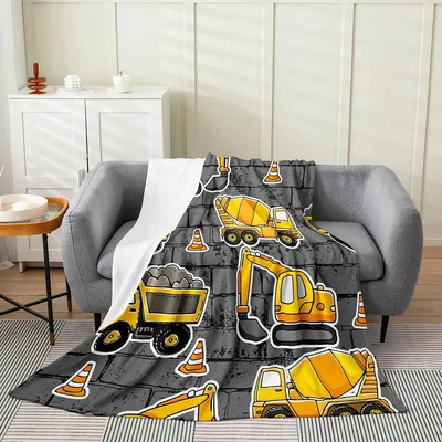Construction Trucks Kids Blanket: Yellow Excavators and Dump Trucks