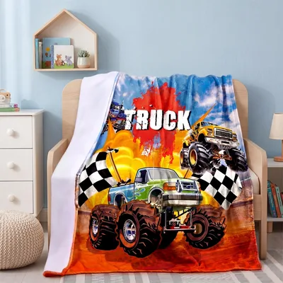 Monster Truck Racing Scene Blanket with Giant Tires and Checkered Flag