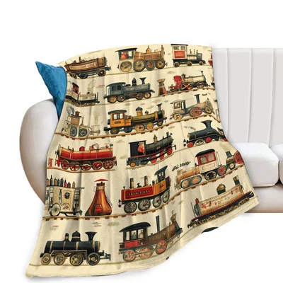 Vintage Train Blanket with Classic Steam Locomotives