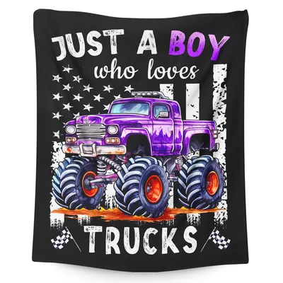 Just a Boy Who Loves Trucks Blanket: Purple Monster Truck Design