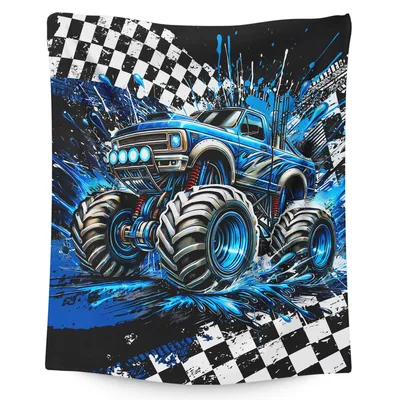 Blue Monster Truck Checkered Blanket: Racing Art for Kids