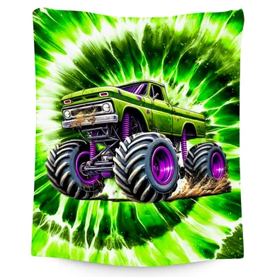 Monster Truck Tie Dye Blanket: Neon Green Monster Truck Art