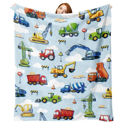 Sky Blue Construction Vehicles Blanket featuring colorful diggers