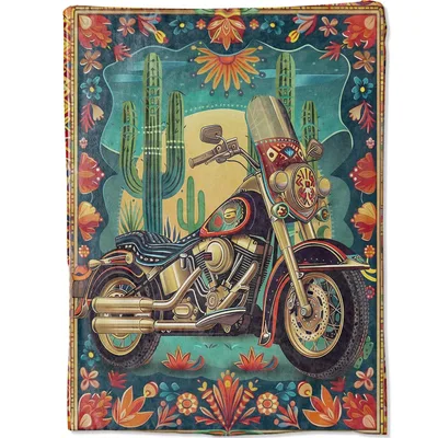 Desert Cactus Biker Blanket: Vintage Motorcycle Art