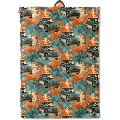 Mini Cooper Blanket: Teal Retro Car Throw With Orange Splashes