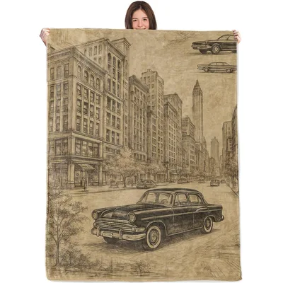 Classic Car City Blanket for Retro Car Fans