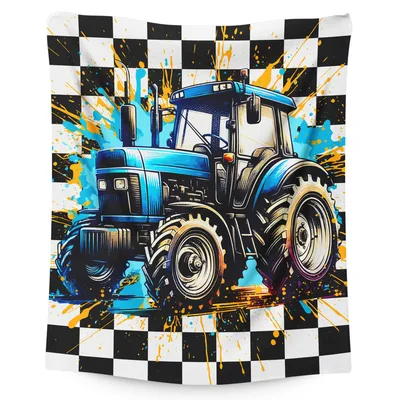 Blue Tractor on Checkered Blanket for Tractor Fans