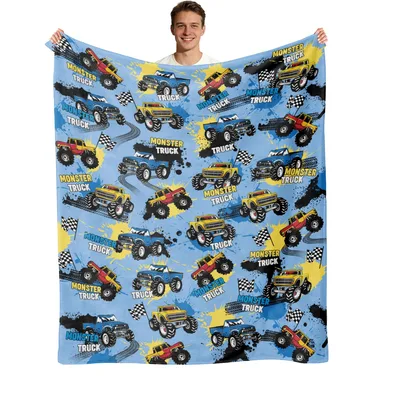 Monster Truck Racing Design Blanket: Big Wheels and Checkered Flags