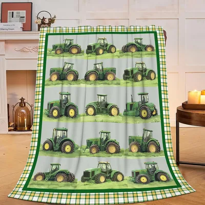 Green Tractors Farm Pattern Blanket featuring vintage green machinery
