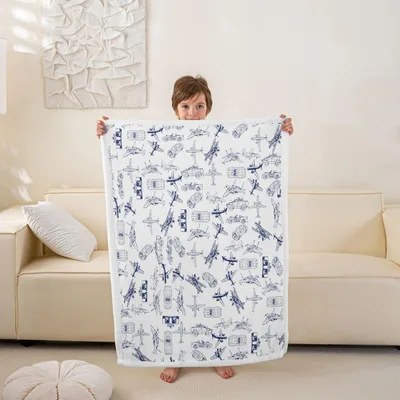 Aircraft Sketch Pattern Blanket: Blue Airplane and Vehicle Doodles