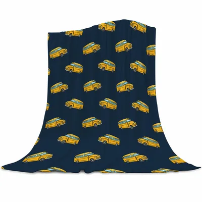 Yellow School Bus Pattern Blanket No. 2: Classic Yellow Buses on Navy